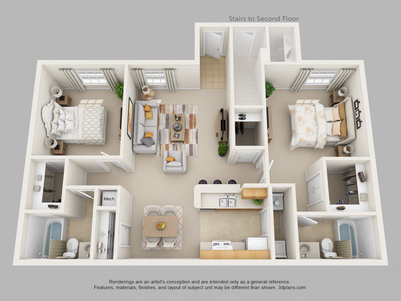 Floor plan for 2 beds, 2 baths, 1088 sqft